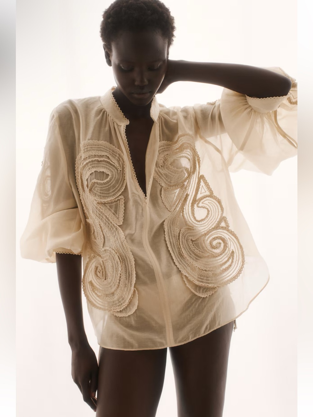 H&M EDITION NWT LIGHT BEIGE EMBROIDERED BLOUSE